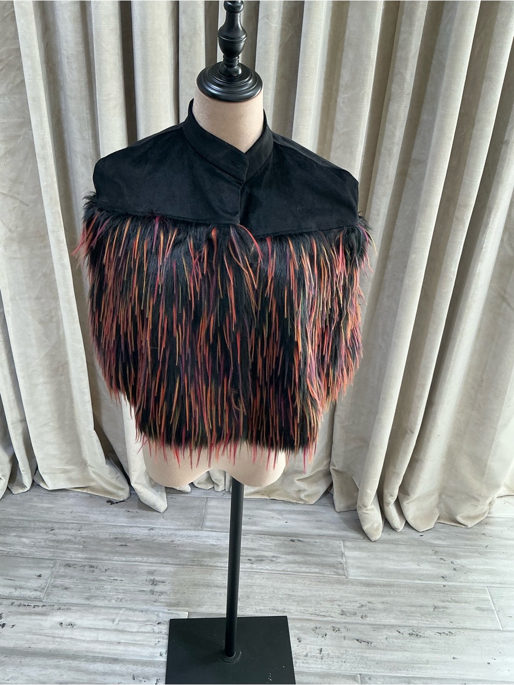 Black Multi-Color Faux Fur Capelet Jacket